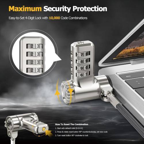 AboveTEK 3-in-1 Universal Laptop Cable Lock - Professional Laptop Security Combination Lock Compatible with K-Slot, Nano & Wedge Slot - Resettable 4-Digit Steel Locking Cable with 360° Rotating Head