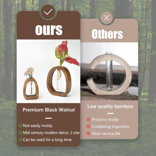 Acacia Small Wood Vase, Glass Tube Plant Propagation Station, MCM Decor