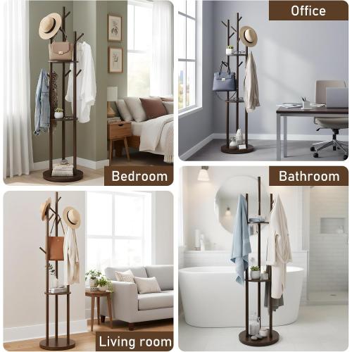 YYW Multifunctional Wood Coat Rack Stand With 9 Hooks And 3 Shelves