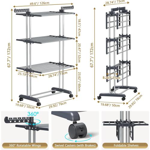 Upgraded 4-Tier Clothes Drying Rack, Drying Rack Clothing with Wheels | Large Foldable Laundry Drying Rack, Clothes Rack with Side Hooks for Indoor Outdoor Air Drying, 19.68D x 29.9W x 67.7H