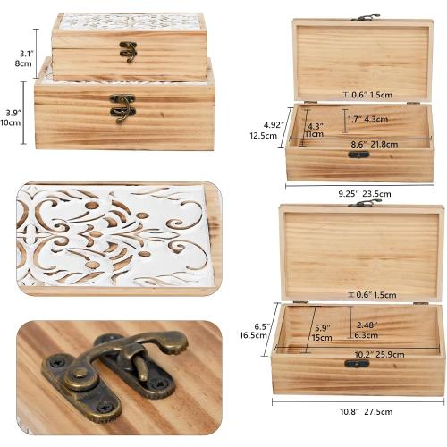 Wooden Storage Box Set of 2 - Hand Carved Floral Decorative Boxes