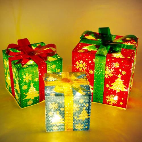 Set of 3 Christmas Lighted Gift Boxes Decorations, Light up Present Box with Snowflake, Perfect for Christmas Tree Home Indoor Outdoor Holiday Party Decor