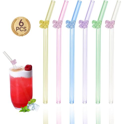 Cute Glass Straws with Charm,Reusable Bow Glass Straw with 1 Cleaning Brush