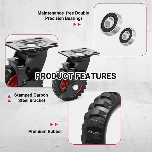 5 Inch Outdoor Heavy Duty Casters Wheels Set of 4, Sturdy Large Rubber Casters with Brake, Industrial Grade Plate Swivel Castors 1080 LBS with Knobby Tread for Workbench, Cart, Chicken Coop