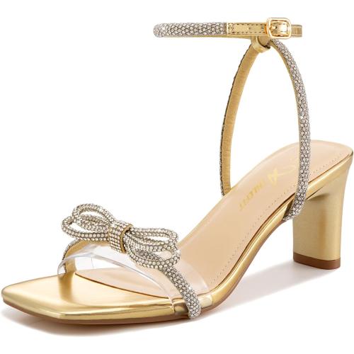 Size 11 Gold and Silver Athlefit Women's Rhinestone Bow Heels Clear Open Square Toe Block Heels Buckle Heeled Sandals for Party Wedding