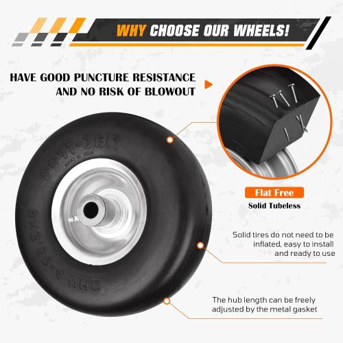 9x3.50-4 Flat Free Lawn Mower Tire and Wheel Smooth Tire with Rim for Commercial and Residential Walk-Behind Lawnmowers, Hand Trucks, Garden Carts and Trailers | 4 Centered Hub | Bore ID 3/4 4PCS