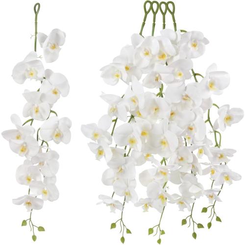 White Orchid Artificial Flowers,4PCS Real Touch Fake Hanging Flowers Faux Phalaenopsis Orchids Plants for Wedding Party Wall Garden Outdoor Home Decor (White)