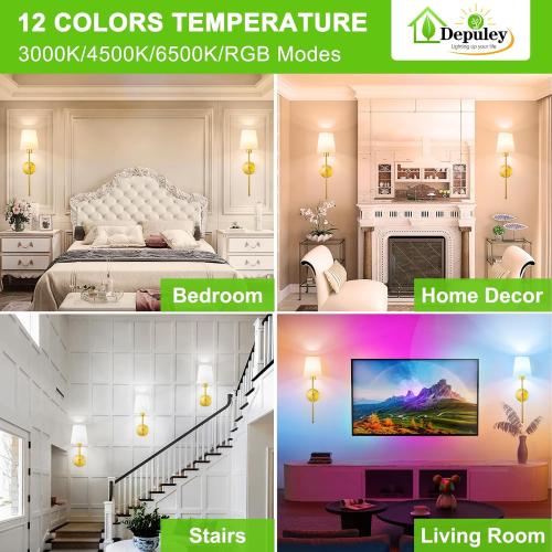 Depuley Battery Operated Wall Sconce: Set of 2 Wireless Wall Lights with 10000mAh Dimmable Bulbs and Remote for Bedroom - Rechargeable 15 Colors Gold Wall Lamp for Living Room Hallway
