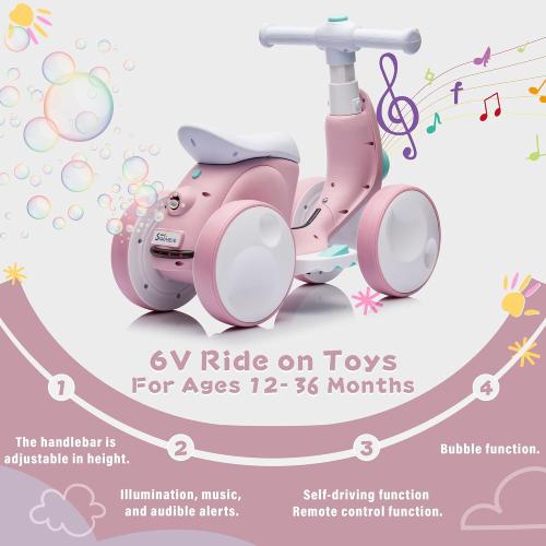 6V Electric Balance Bike with Bubble Machine, Ride on Toys(Pink)