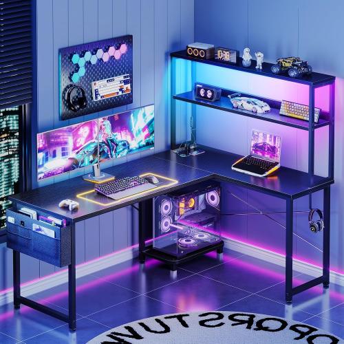 ODK 53 L Shaped Gaming Desk with Shelves, LED & Outlets, Black