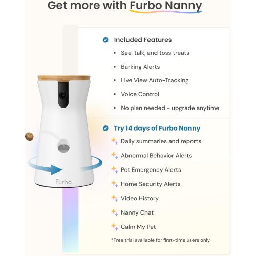 Furbo 360° Dog Camera: Pet Security Cam w/Barking Alerts, Rotating View, Treat Toss w/Phone App, Smart Home Puppy Monitoring, 2-Way Speaker, No Subscription Needed. Standard See, Talk, & Toss Features