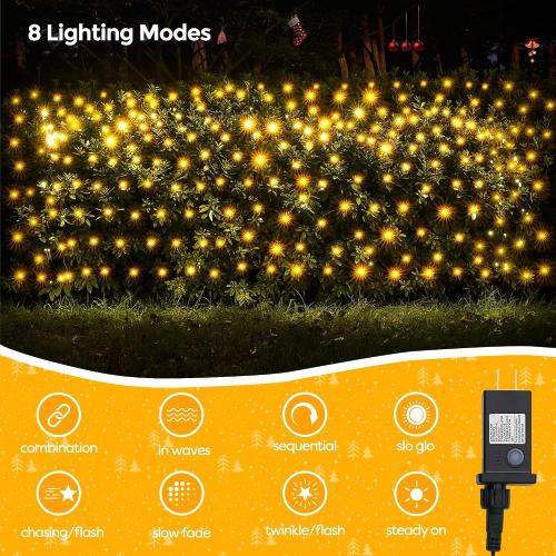 WBao Christmas Lights Outdoor, 200LED 8.4ft x 5.2ft Christmas Net Lights with 8 Modes, Timer, End to End Connectable, Waterproof LED Net Lights for Lawn, Bushes, Trees Xmas Decorations, Warm White