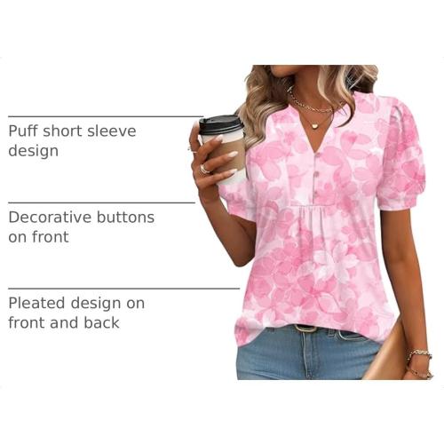 IECCP Womens Tops Puff Short Sleeve Shirts Dressy Casual V-Neck Blouses