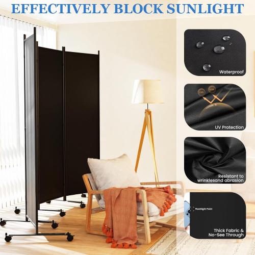 Room Divider 6FT Folding Privacy Screens with Lockable Wheels, 4 Panel Room Partition for Room Separator, 88 W Freestanding Portable Fabric Wall Dividers for Home Dorm Studio Office, Black