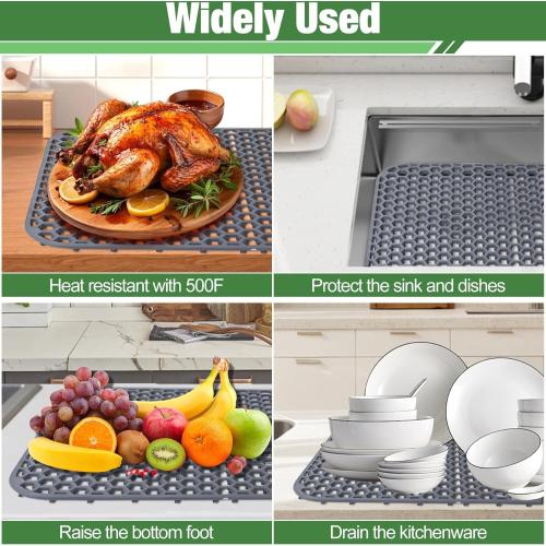 Sink Protectors Mat - 25.79x13.98 Kitchen Sink Pad for Bottom of Basin for Protection of Stainless Steel and Tableware, Farmhouse Rubber Basin Mat Protector with Center Drain - Light Gray