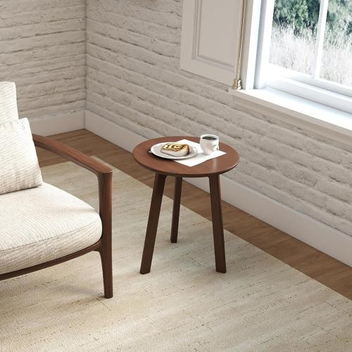Solid Oak Round Side Table 3 Legs for Living Room (Walnut)