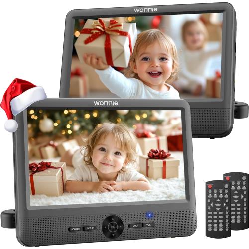 WONNIE 10 Car DVD Players, Portable DVD Player Dual Screen Play the Same or Two Different Movies with 5 Hours Rechargeable Battery, 2 AC Adapters, Headrest Mounts, All Regions, Support USB/SD/Sync TV