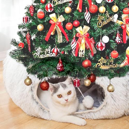 LUCKITTY Warm Fluffy Plush Cat Dog Tunnel Bed Under Christmas Tree Big Tube Playground Toys 3 FT Diameter Longer Crinkle Collapsible 3 Way, for Indoor Cat Kitty Kitten Puppy Rabbit Ferret White