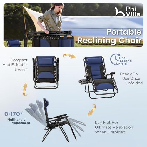 PHI VILLA Zero Gravity Chair Set of 2, Padded Anti Gravity Recliner, Oversized 28 Wide Seat, Foldable Patio Lounger with Armrest & Cup Holder, Supports 400 LBS (Blue Black)