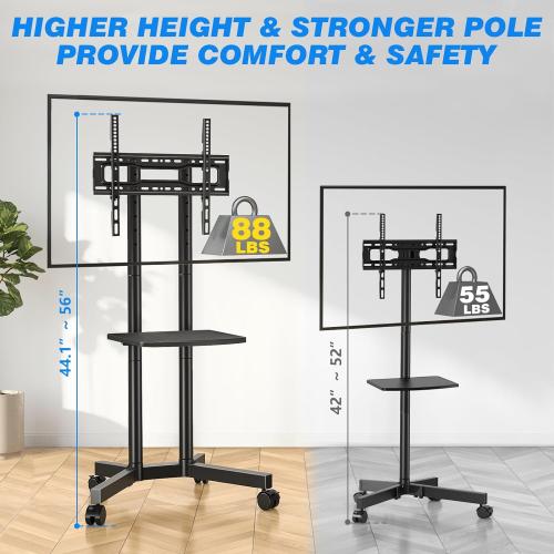 Rfiver Rolling TV Stand with Laptop Shelf, Mobile TV Stand with Upgraded Wheels for 32-75 Inch TVs, Height Adjustable Mobile TV Cart up to 88lbs, Portable TV Mount Stand for Outdoor, Home, Office