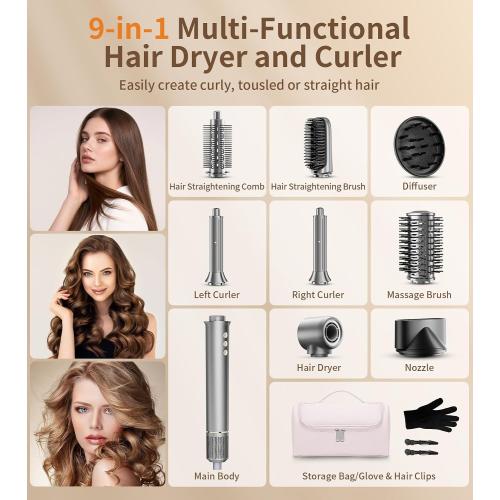 9-in-1 Hair Dryer Brush Kits, Curly Hair Dryer with Diffuser for Women