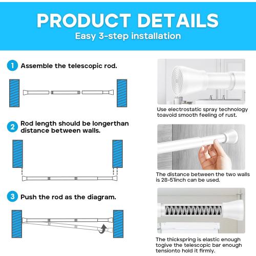 AIZESI 2pcs Spring Tension Curtain Rod 28 to 48 Inch,White Tension Rod Adjustable Curtain Rod Non Slip Curtain Tension Rod No Drill Spring Curtain Rod for Window?Bathroom?Doorway