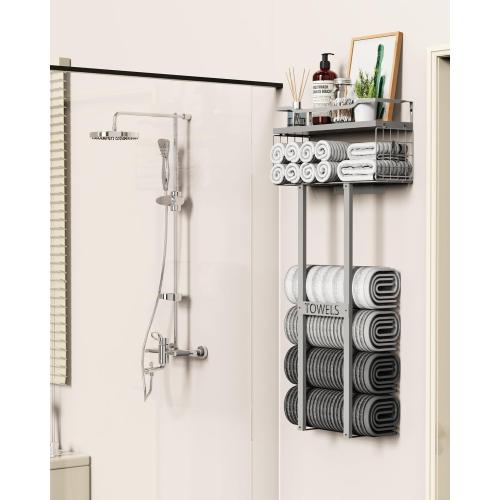 Aetyord Towel Racks for Bathroom - Wall Mounted Metal Rack with Wood Plank, Bathroom Storage Organizer, Towel Holder Stores 6 Large Rolled Towels Easily, All Grey