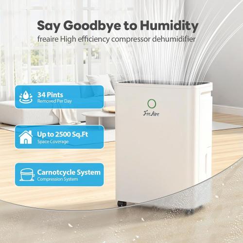 FreAire 34Pint Dehumidifier for 2500Sq.Ft With 6.56ft Drain Hose