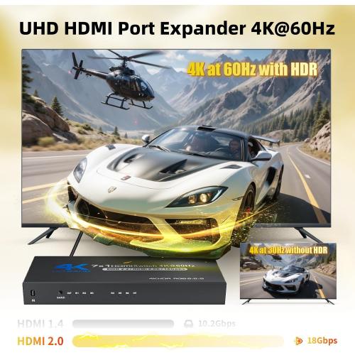 BolAAzuL 7 Port HDMI Switch 7 in 1 Out 4K@60Hz HDMI Selector Box w/Power