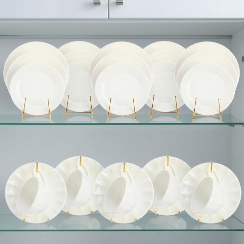 Plate Stands and Cup Holder, 3-Tier Plate Stand for Display and Cup and Saucer Display Stand Holder Metal Dish Rack Cabinet Organizer for Plates Tea Cups Coffee Mug(Gold,8 Pcs)