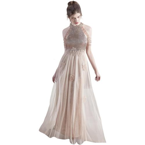 Size M Women Elegant Sequins Cocktail Dress Prom Ball Evening Gowns for Women Halter Wedding Dress Beaded Sleeve Mesh A Line Dresses