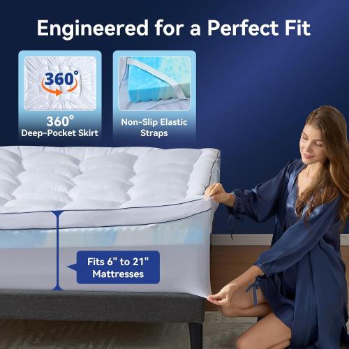 KING Dual Layer 4 Inch Memory Foam Mattress Topper KING , 2 Inch Cooling Gel Memory Foam and 2 Inch Soft Pillow Top Mattress Pad Cover for Back Pain Relief, with Elastic 21 Deep Pocket