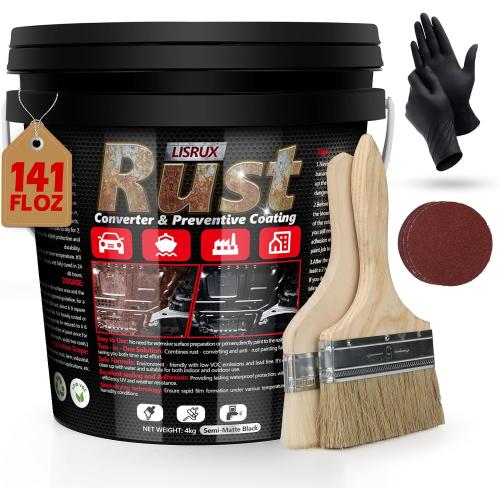Rust Converter & Metal Primer, 141 Fl Oz Black Rust Inhibitor Paint for Metal, Automotive Rust Reformer, Industrial Grade Water Based, Heat Resistance & UV Resistant