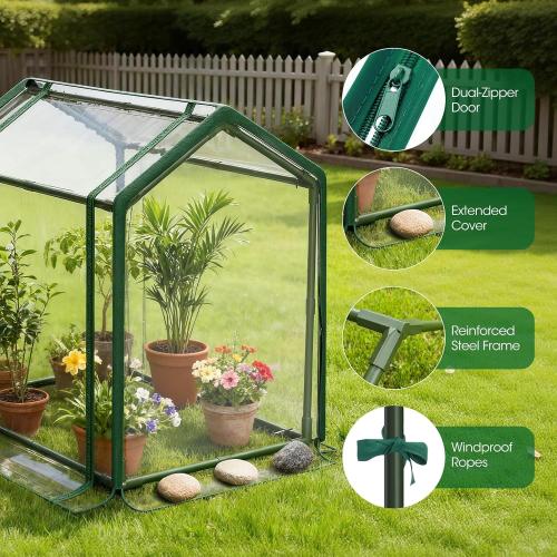 Mini Greenhouse with Zippered Doors & Roll-up Windows, Elevated Bottom Portable Plant Hot House with Durable PVC Cover, Water Resistant, UV Protected for Outdoor Flowers, Vegetables