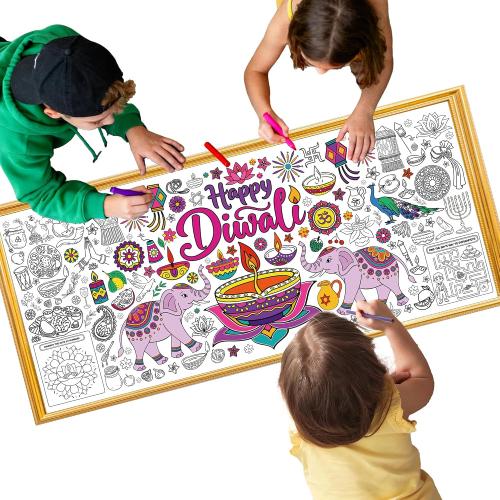 Diwali Giant Coloring Poster Tablecloth, Diwali Decorations for Home and Party Coloring Tablecloth, Kids Activity Paper Table Cover for Rectangle Tables (71 x 30)