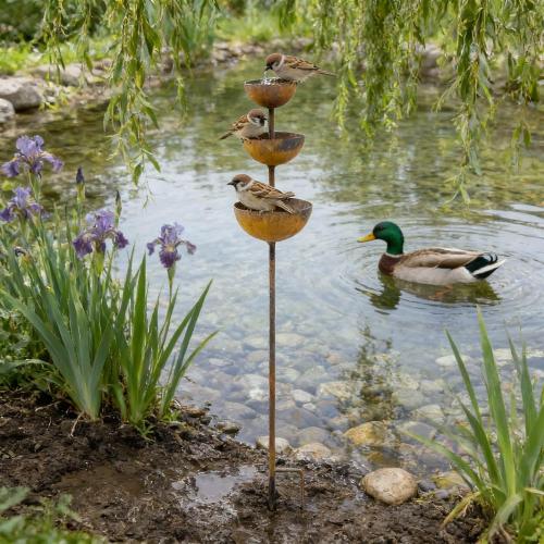 Vintage Metal Bird Bath, Iron Bee Watering Station, Three-Layer Structure Hummingbird Feeders for Outdoors, Yard Decor for Garden Patio Lawn, Lawn Decor with Stable L-Shaped Plug, 26.77×3.94 in