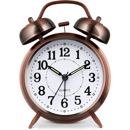 Azyh Loud Alarm Clock for Heavy Sleepers Adults, Metal 4 Inches Twin Bell Battery Operated Alarm Clocks for Bedrooms Decoration, Silent Non-Ticking, Back-to-School Gift (Red Brown)
