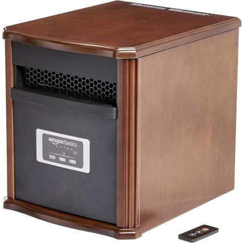 Amazon Basics Portable Space Heater with Remote Control, Adjustable Thermostat, Indoor Use, Energy-Saving Setting, LED Display, Classic Wood Casing, 1500W, 12D x 13W x 16H, Brown