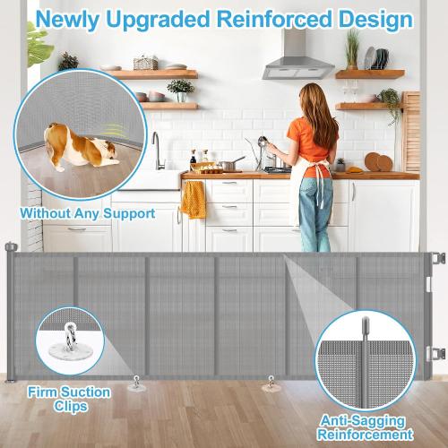 EZIGO 120 Inch Retractable Baby Gates Extra Wide Reinforced Baby Dog Gate | 34 Inch Tall Retractable Dog Gate with Reinforced Strip Mesh Safety Pet Gate for Stairs Hallway Doorway Indoor Outdoor, Gray