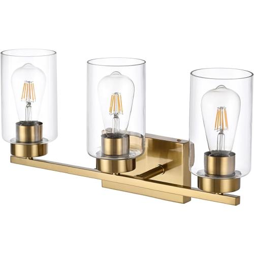 3-Light Bathroom Vanity Light, Modern Brushed Gold Wall Lights with Clear Glass Shades, Bathroom Wall Sconce Lamp for Mirror Living Room Bedroom Hallway