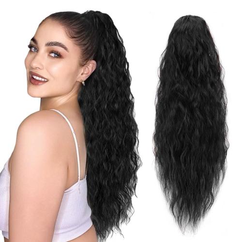 rosmile Corn Wave Drawstring Ponytail 140 Grams Natural Black Wave Ponytail Clip in Extension 22 Inches Synthetic Corn Curly Wave Ponytail for Black Women(1B,Natural Black)