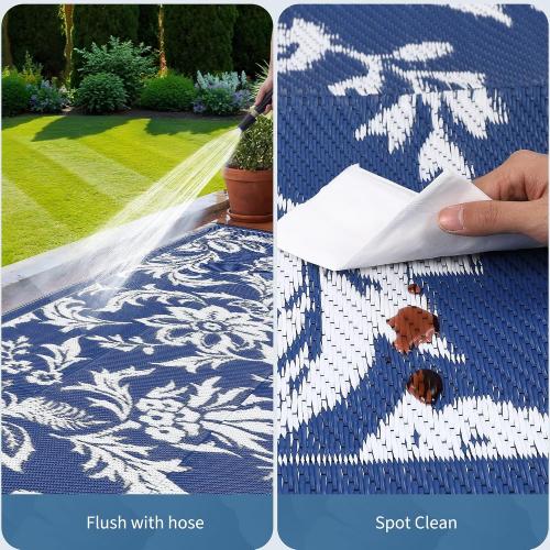 Garvee 9 x 12 Waterproof Outdoor Rug for Patio, Foldable Reversible Modern Area Rug, Floral Large Plastic Straw Mat for Camping, RV, Porch, Backyard, Deck, Picnic, Beach, Dark Blue & White