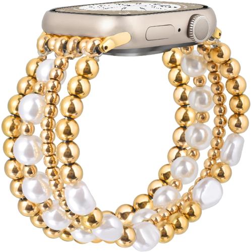 AIRSPO Gold Beaded Bracelets Compatible for Apple Watch Bands 38mm 40mm 41mm 42mm for Women, Fashion Handmade Dressy iPhone Watch Bands Stainless Steel Beads & Pearl Elastic Strap for iWatch Series 11 10 9 SE 8 7 6 5 4 3 2 1 Gold