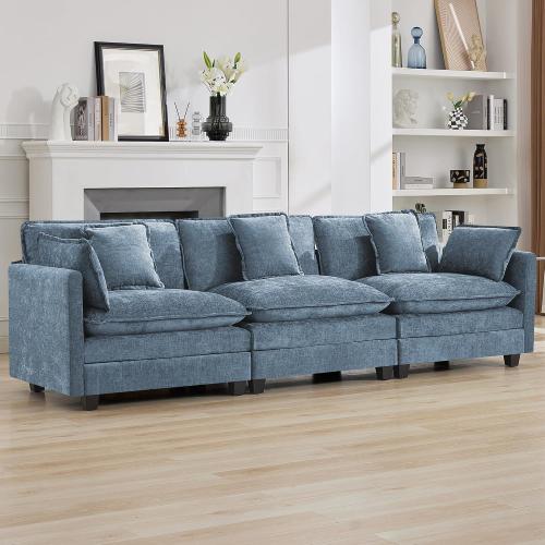 Cloud Deep Seat Couch, Modern Comfy Chenille Modular Sectional Sofa for Living Room Set, Upholstered Modular 3-Seats Sofa Couch, Blue (See the picture )