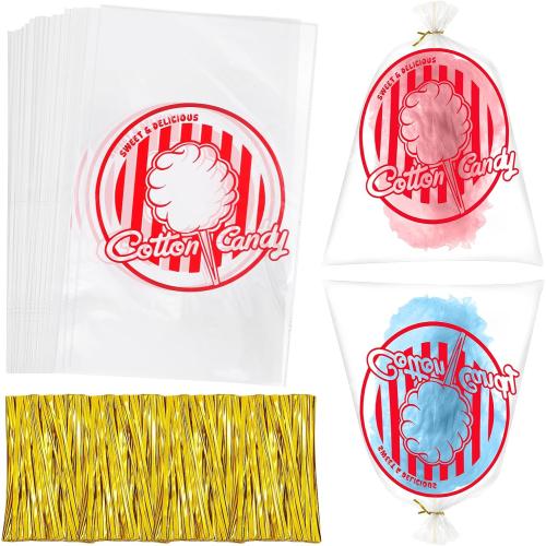 woric 120PCS Cotton Candy Bags with Ties 11.8 x 17.7 Inch Clear Cotton Candy Bags with Print for Carnivals Party Candy Sticks and Cones