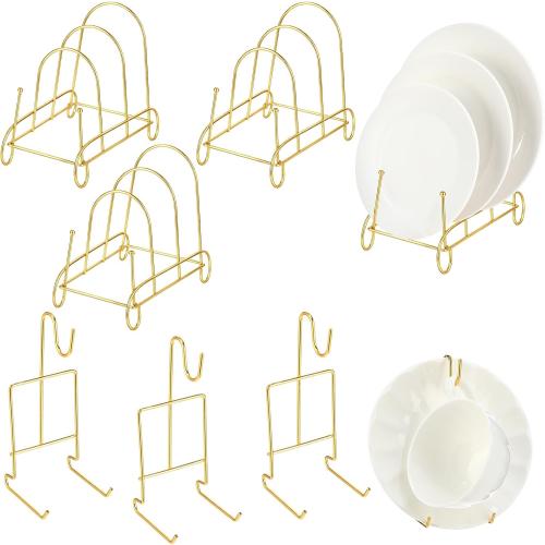 Plate Stands and Cup Holder, 3-Tier Plate Stand for Display and Cup and Saucer Display Stand Holder Metal Dish Rack Cabinet Organizer for Plates Tea Cups Coffee Mug(Gold,8 Pcs)