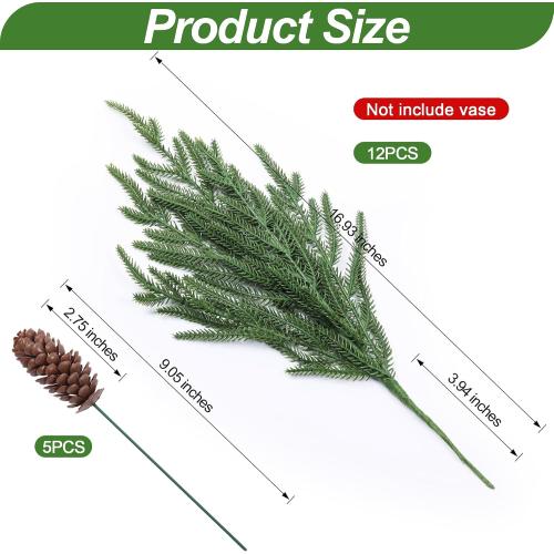 Artificial Christmas Norfolk Pine Stems Branches for Vases,12 Bundles Faux Pine Branches with 5 PCS Big Fake Pinecones Stems Greenery Evergreen Real Touch for Holiday Winter Table Xmas Decor
