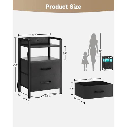 Lazzanto Nightstand with Rear Charging Station, LED Light, 2 Drawers, Black