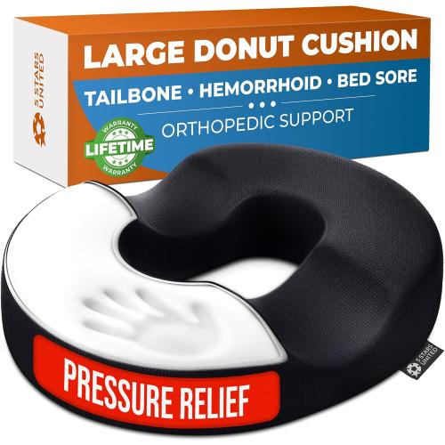 5 STARS UNITED Donut Pillow Hemorrhoid Tailbone Cushion – Large Floor Cushion for Pain Relief – Coccyx, Prostate, Sciatica, Pelvic Floor, Pressure Sores, Pregnancy, Postpartum Recovery, Black