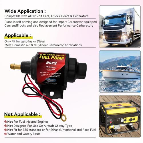 Gasoline Electric Fuel Pump Universal 5/16 Inch Inlet and Outlet Inline 12V 1-2A 28GPH 2-3.5 PSI Operating Fuel Pressure